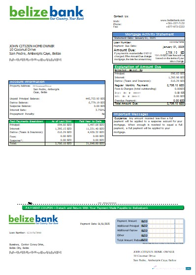 Download Belize Belizebank bank mortgage statement scr Photoshop template